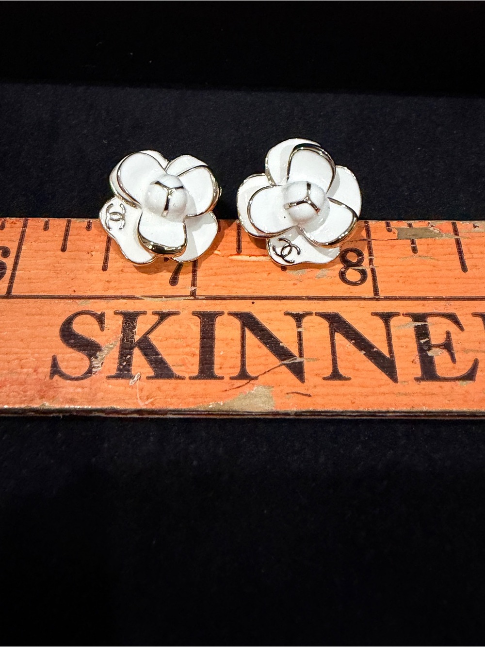 CHANEL White Camellia Gold-Trim Flower Stud Earrings